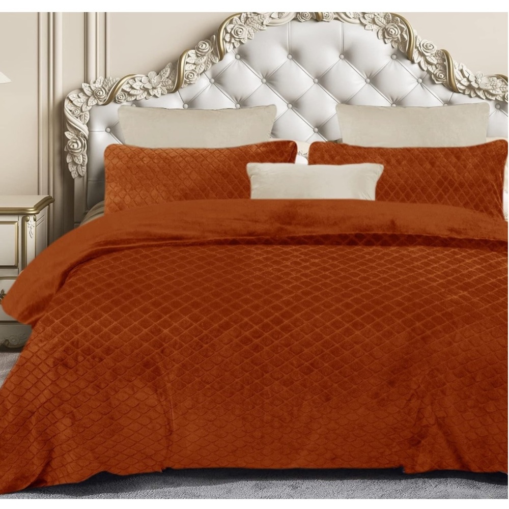 Velvet Orange Flannel Duvet Comforter Set Queen 2 Pillow Shams 90x90 New In Bag